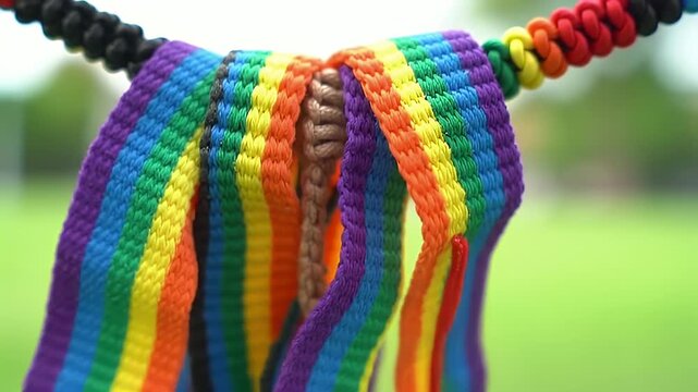 Intertwined Rainbow Colored Ribbons Symbolizing Lgbtq Pride with Blurred Green Background