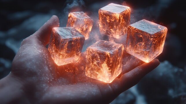 Hand holding glowing, fiery ice cubes with rising vapor