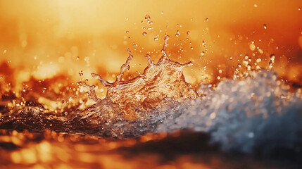Close-up of water splashing with golden sunlight reflecting, creating dynamic and vibrant droplets against a warm, blurred background.