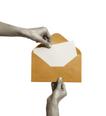Hands with an envelope on white isolated background.
