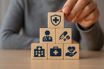 Health insurance concept depicted with wooden blocks symbolizing medical care, protection, and well-being