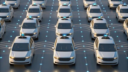 Autonomous white cars equipped with sensors driving in orderly lanes, representing futuristic self-driving vehicle technology on a smart road.