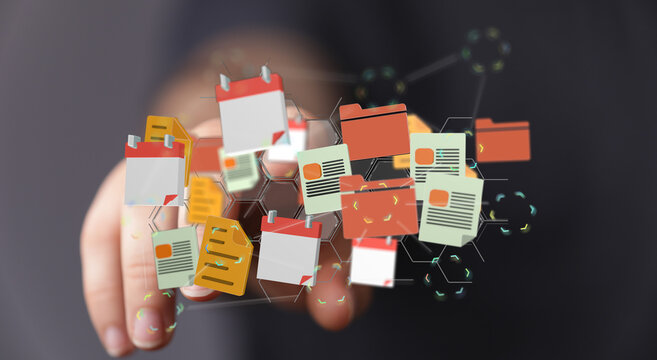 Hand interacting with digital files and calendar icons, representing efficient organization and scheduling.