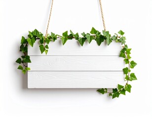 White wooden sign ivy leaves hanging blank mockup
