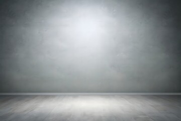 An empty interior room with a textured concrete wall and a wooden floor, illuminated by a bright spotlight creating dramatic shadows and a moody atmosphere