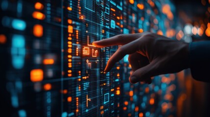 Hand on glowing tech panel, grid background, orange and blue