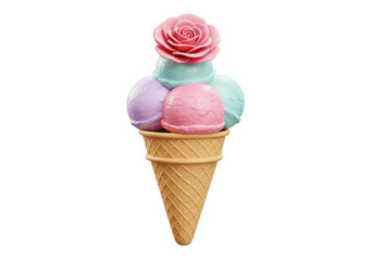 Isolated Ice Cream Cone with Pastel Scoops and Rose
