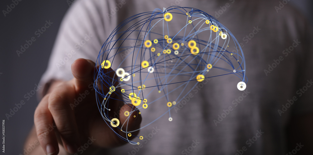 Poster abstract image of a hand interacting with a digital network, representing connection and global comm