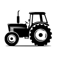 Black and White Vector Silhouette of a Tractor Side View