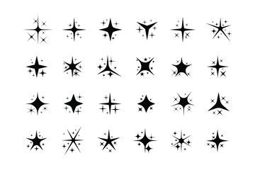 Collection of sparkling starburst icons and symbols, isolated on white background, representing glitter, shine, and magic effects