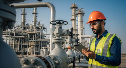 An industrial engineer in protective gear with a tablet inspects a gas plant, checking its operation and equipment. Gas production industry