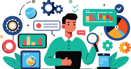 A collection of dynamic illustrations representing Search Engine Optimization (SEO), featuring magnifying glasses, web elements, and graphs to convey digital marketing strategies and online visibility