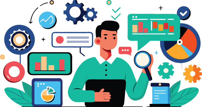 A collection of dynamic illustrations representing Search Engine Optimization (SEO), featuring magnifying glasses, web elements, and graphs to convey digital marketing strategies and online visibility