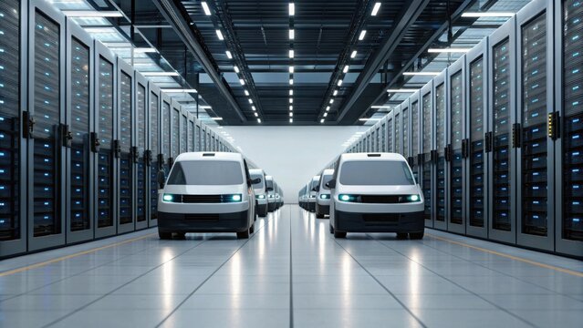 Autonomous delivery vans navigate through a futuristic, high-tech data center corridor lined with server racks. - Powered by Adobe