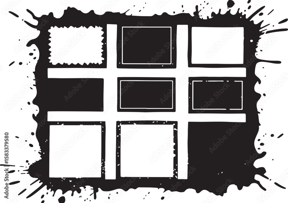Poster abstract black ink splash forming a grid with empty squares and solid rectangles isolated on transpa