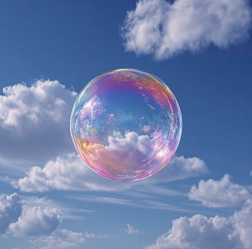 Iridescent Soap Bubble Floating in Azure Sky, Reflecting Clouds with Ethereal Surrealism - Minimalist Abstract Photography  