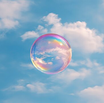Iridescent Soap Bubble Floating in Azure Sky, Reflecting Clouds with Ethereal Surrealism - Minimalist Abstract Photography  