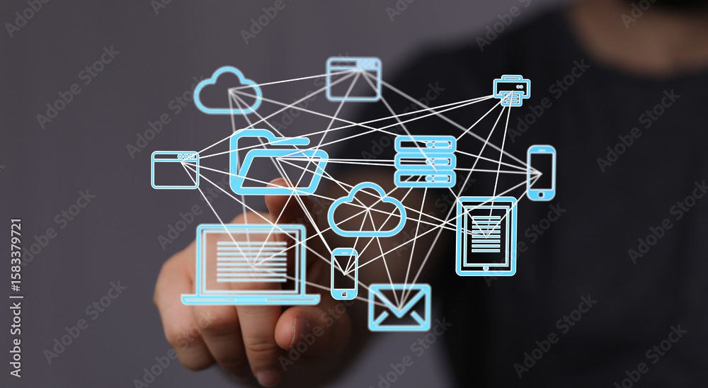Poster image depicts a network of interconnected devices, showcasing cloud computing and data sharing.