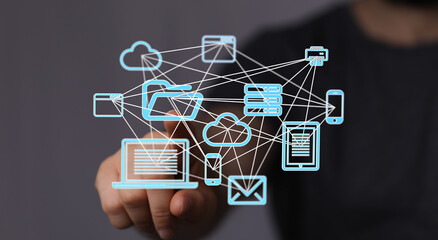 Image depicts a network of interconnected devices, showcasing cloud computing and data sharing.