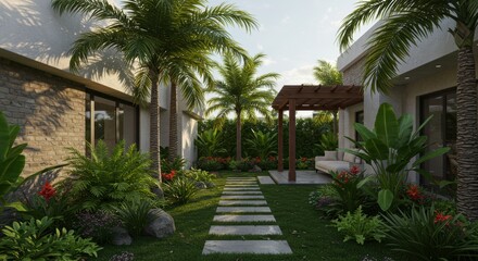 Fototapeta premium Tropical courtyard pathway and pergola