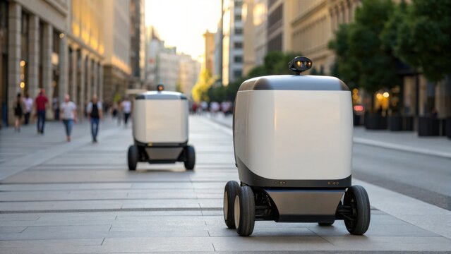 Autonomous delivery robots move along a city sidewalk, transporting goods in an urban environment with pedestrians in the background.