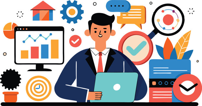 A collection of dynamic illustrations representing Search Engine Optimization (SEO), featuring magnifying glasses, web elements, and graphs to convey digital marketing strategies and online visibility