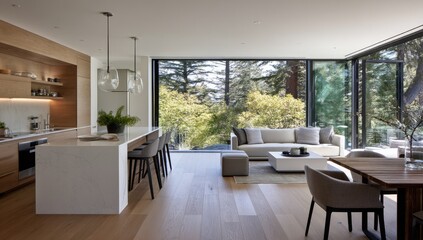 Modern open-plan kitchen and living area with large windows overlooking a garden