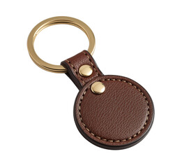 Luxury brand, hand-sewn leather keychain in a circular shape. It uses a light brown color and gold material for the ring, isolated on a transparent background in PNG format.