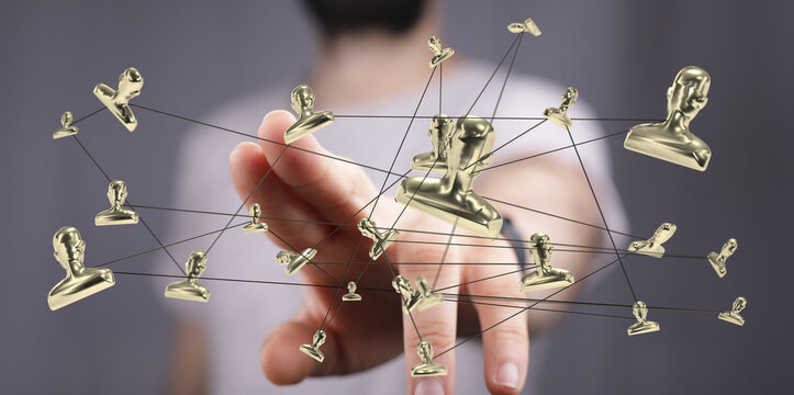 Image of a hand interacting with a network of golden profile icons, symbolizing global connections and teamwork. - Powered by Adobe