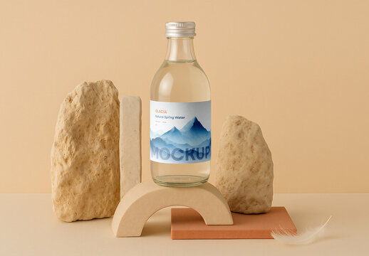 Glass Bottle Mockup with Natural Spring Water Label &ndash; Minimal Scene