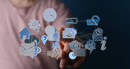 Hand interacting with a network of digital icons, representing technology and connectivity.
