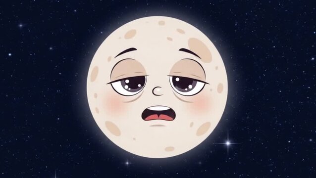 Sleepy cartoon moon character with tired eyes floating in starry night sky
