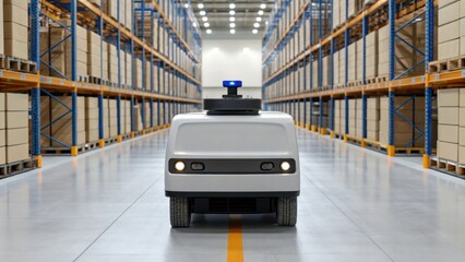 An autonomous robot navigates a warehouse aisle filled with tall shelves stacked with boxes, illustrating automation in logistics.
