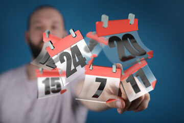 Image of a man interacting with digital calendar dates, ideal for scheduling, time management, or...
