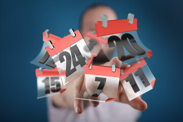 Image depicts a person juggling several digital calendar dates, symbolizing effective time management and scheduling.