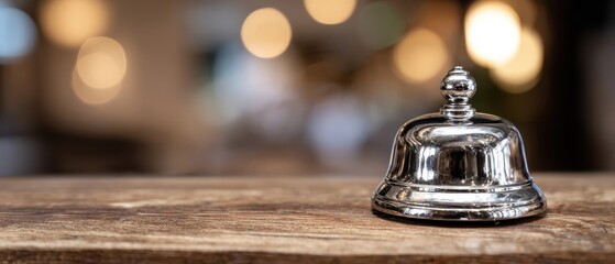The shiny bell on a wooden table with a blurred background.