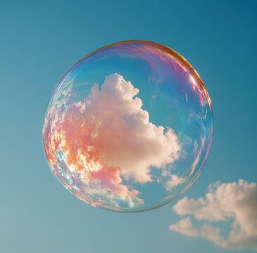 Iridescent Soap Bubble Floating in Azure Sky, Reflecting Clouds with Ethereal Surrealism - Minimalist Abstract Photography  