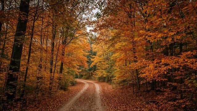 Trail through the forest adorned with bright autumn leaves