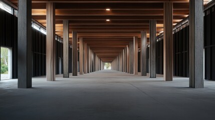 Modern Architectural Interior with Wooden Beams and Open Space