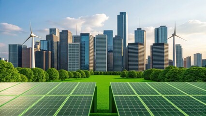 A modern city skyline with skyscrapers behind solar panels and a wind turbine, symbolizing sustainable urban development and renewable energy integration.