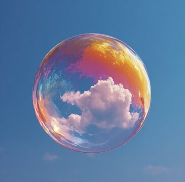 Iridescent Soap Bubble Floating in Azure Sky, Reflecting Clouds with Ethereal Surrealism - Minimalist Abstract Photography  