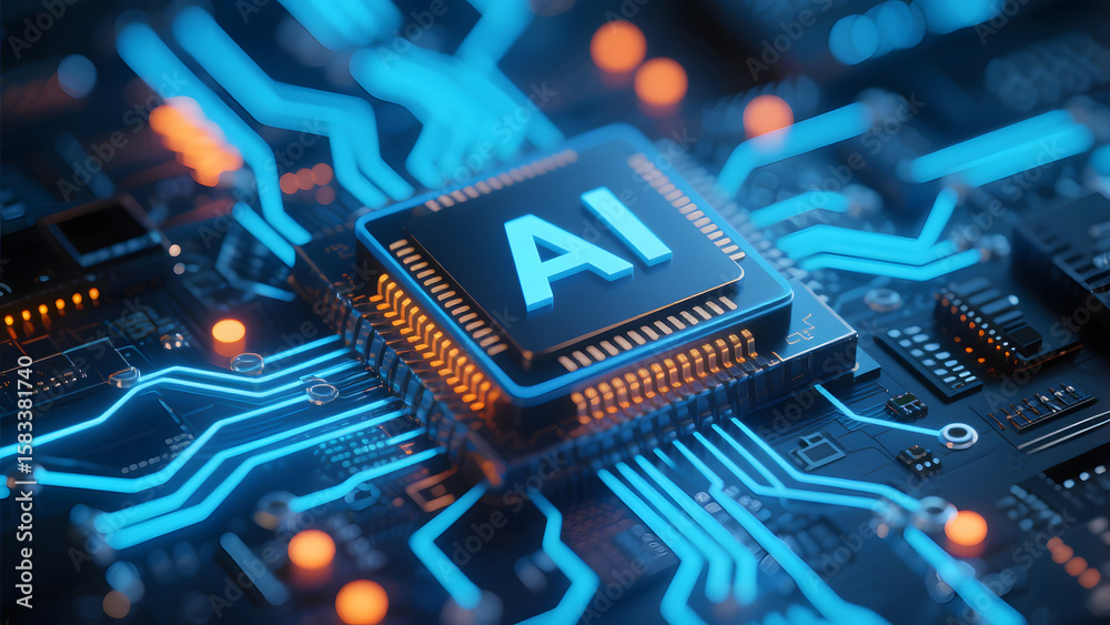Fototapete powerful computer processor microchip with ai text, artificial intelligence technology for tech arti
