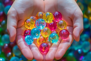 Gel balls in hands top view