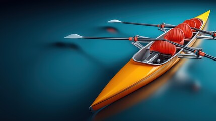 Modern four seat yellow rowing boat with oars on blue water for team sports concepts.