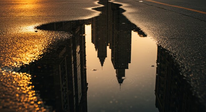 Sunrise reflections of tall buildings in a puddle