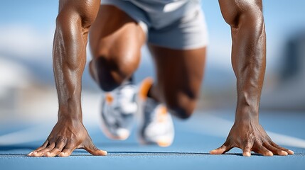 Sprinter athlete poised at starting line on blue track for sports advertising.