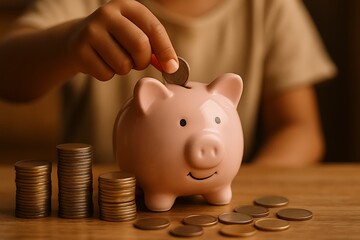Child saves money with pink piggy bank and stacks of coins, learning about finance and savings for the future.