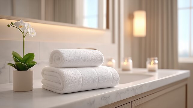 Luxury bathroom scene with stacked white towels and candles for spa and wellness marketing.