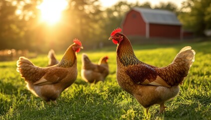 Chickens Roaming Freely in Sunlit Farmyard with Red Barn in Background Surrounded by Lush Green Grass and Golden Sunset Glow
