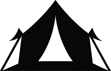 Fototapeta premium A black and white vector silhouette of a sailing tent, like a pyramid boat on the water, creates an iconic travel design